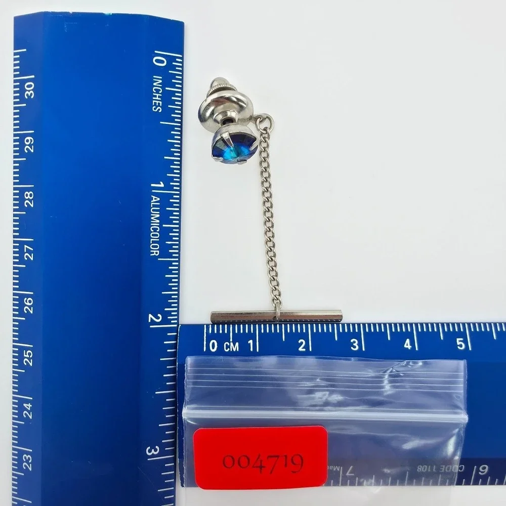 Vtg 1970's Tie Tack Pin Blue Crystal Rivoli Cut Buttonhole Barbell Silver Tone
